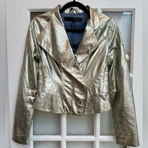 Vintage L.A.M.B Gwen Stefani Rock Glam Leather Silk Metallic Gold Jacket Size 2